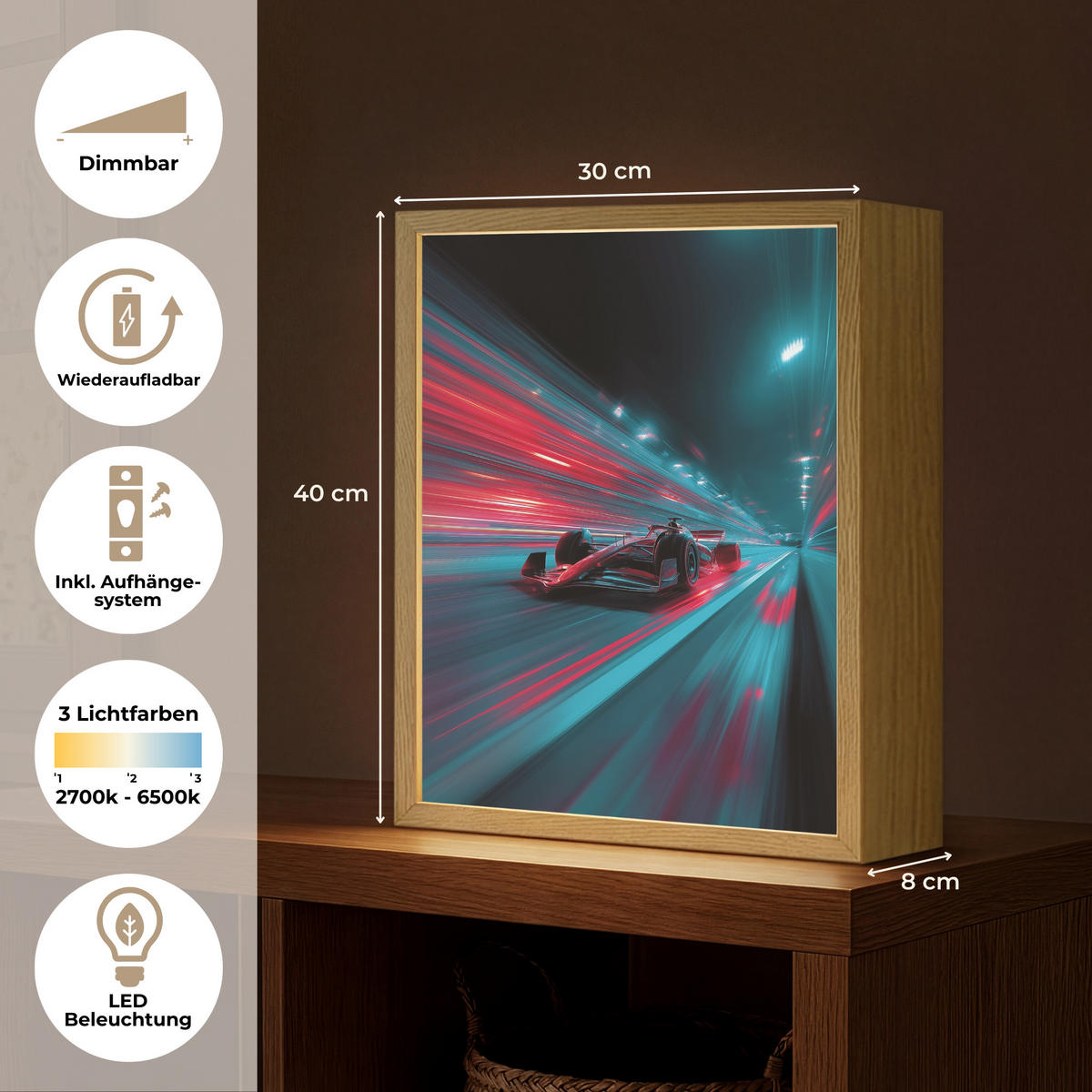 NÁSTĚNNÁ LAMPA S AKUMULÁTOREM Závodní auto - Červená - Rychlost 30x40 cm - tyrkysová, kompozitní dřevo (30/40/8cm) - OnlyWow