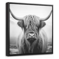 LEINWAND Bilder mit Rahmen - Schottischer Highlander - Nebel - Schwarz - Weiß - 20x20 - Grau, Textil (20/20cm) - MuchoWow