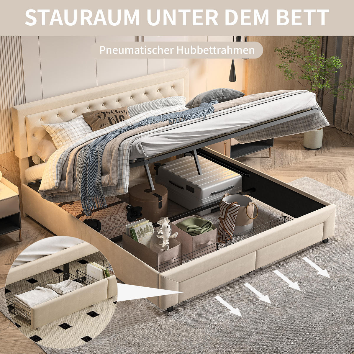 POLSTERBETT 180x200 cm, Beige, Lattenrost und Schubladen - Beige, Textil/Metall (180/200cm)