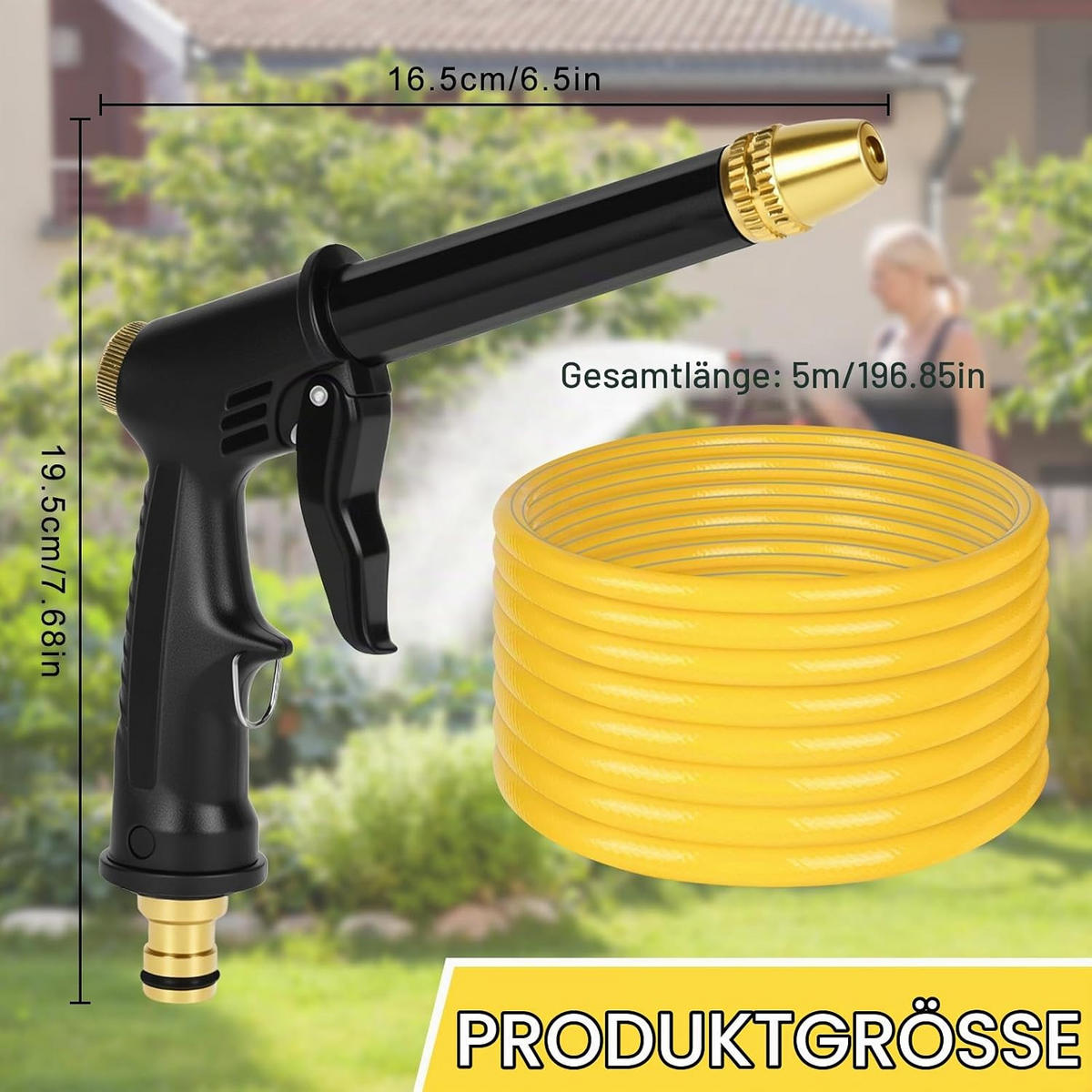 GARTENSPRITZPISTOLE + 3 Verbindungsstücke + 5-Meter-Wasserschlauch - Schwarz, Metall (20/17/3cm) - Vallsero