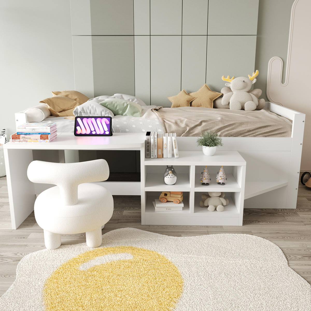 MULTIFUNKTIONSBETT 90/200 cm, Weiß mit Schreibtisch, USB-Steckdose - Weiß, Holz (90/200cm) - MIVRAY