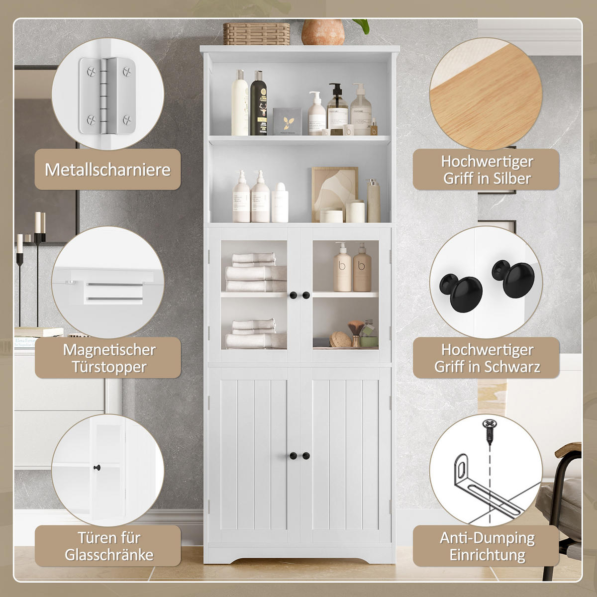 BADEZIMMER-HOCHSCHRANK 57.4x28.5x160cm in Weiß, feuchtigkeitsbeständig mit 4 Türen - Weiß, Holzwerkstoff (57.4/160/28.5cm) - Modfu