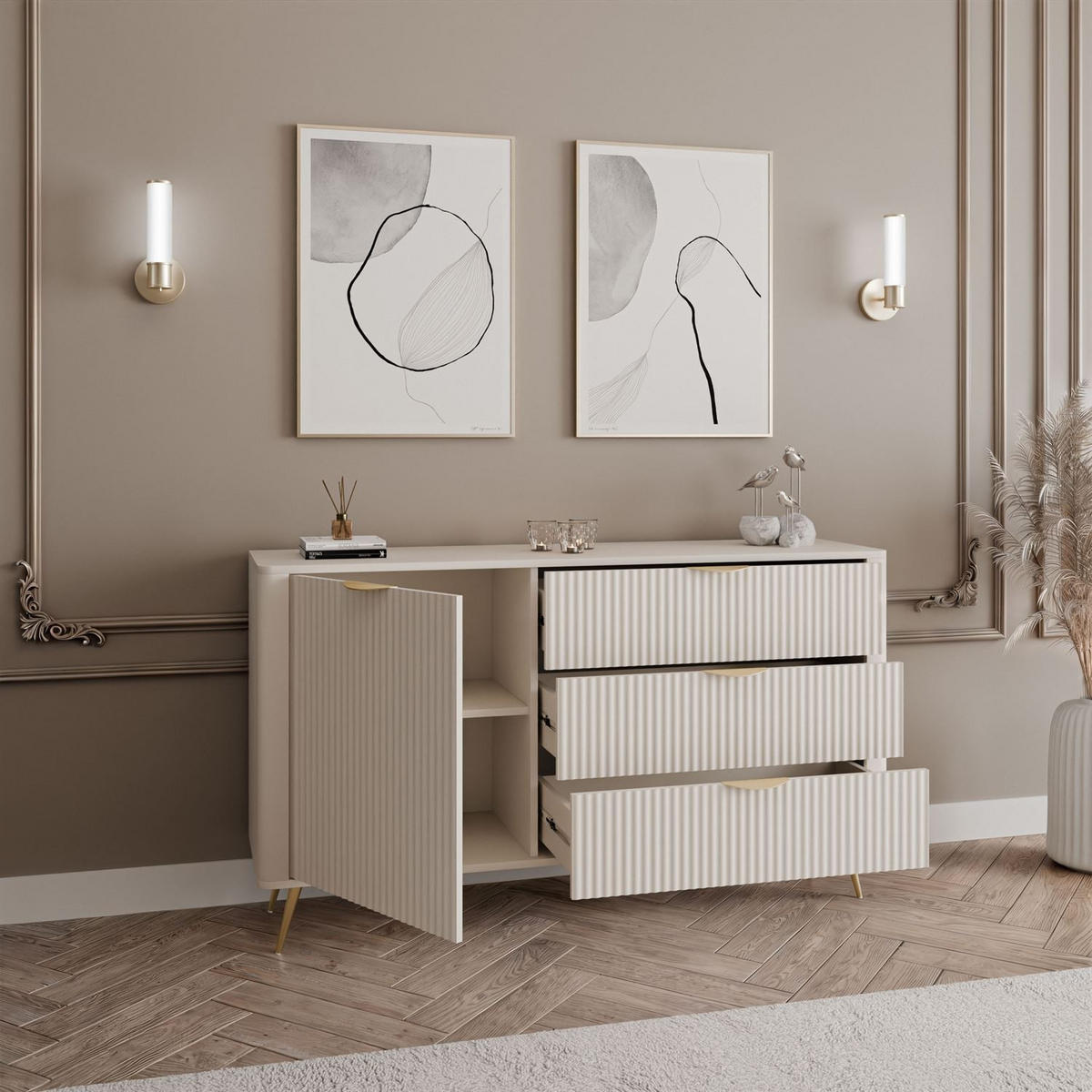 SIDEBOARD SCARLETT 138 1D3S MIT SCHUBLADEN BEIGE + GOLD - Beige, Holzwerkstoff (138/81/38cm) - Lookway