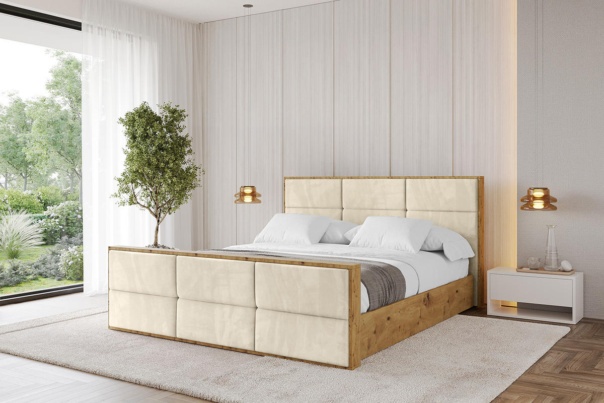 POLSTERBETT mit Bettkasten, Fußteil und Lattenrost, Boxbett mit Matratze H3/H4 - ENZO1-Z 180x200 Beige - Ecru, Holzwerkstoff/Textil (180/200cm) - ALTDECOR