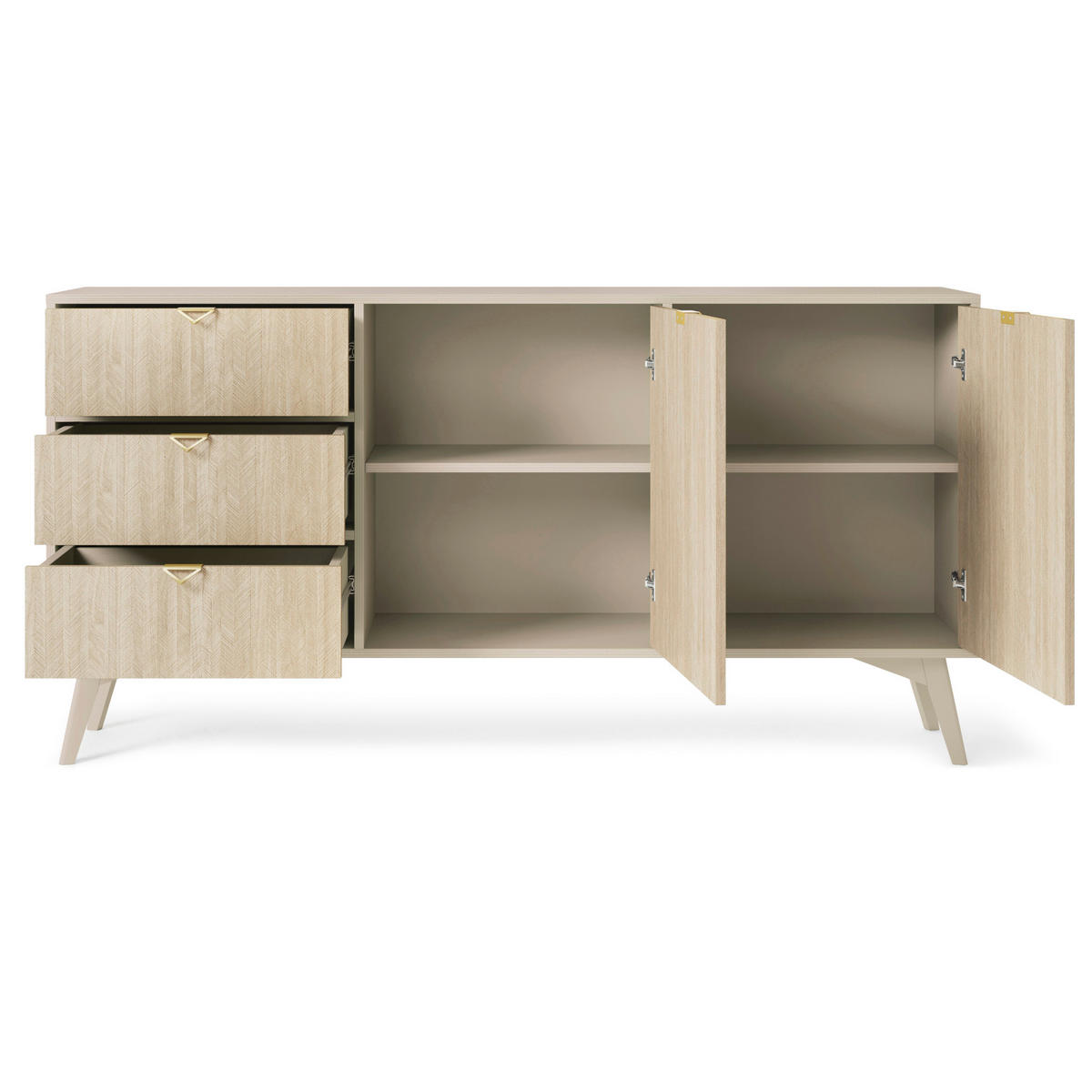 SIDEBOARD TOFINO KOM2-2D3S Holzbeine Beige Fischgrätenmuster - Eichefarben/Beige, Holz/Holzwerkstoff (158/80/38cm) - Komodee