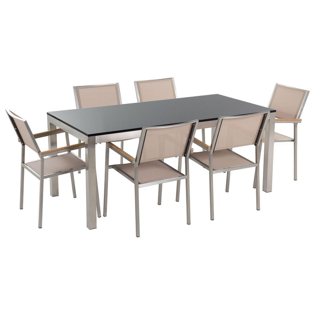 MOBILIER DE GRĂDINĂ set cu 6 locuri piatră naturală negru lustruit țesătură textilă bej Grosseto