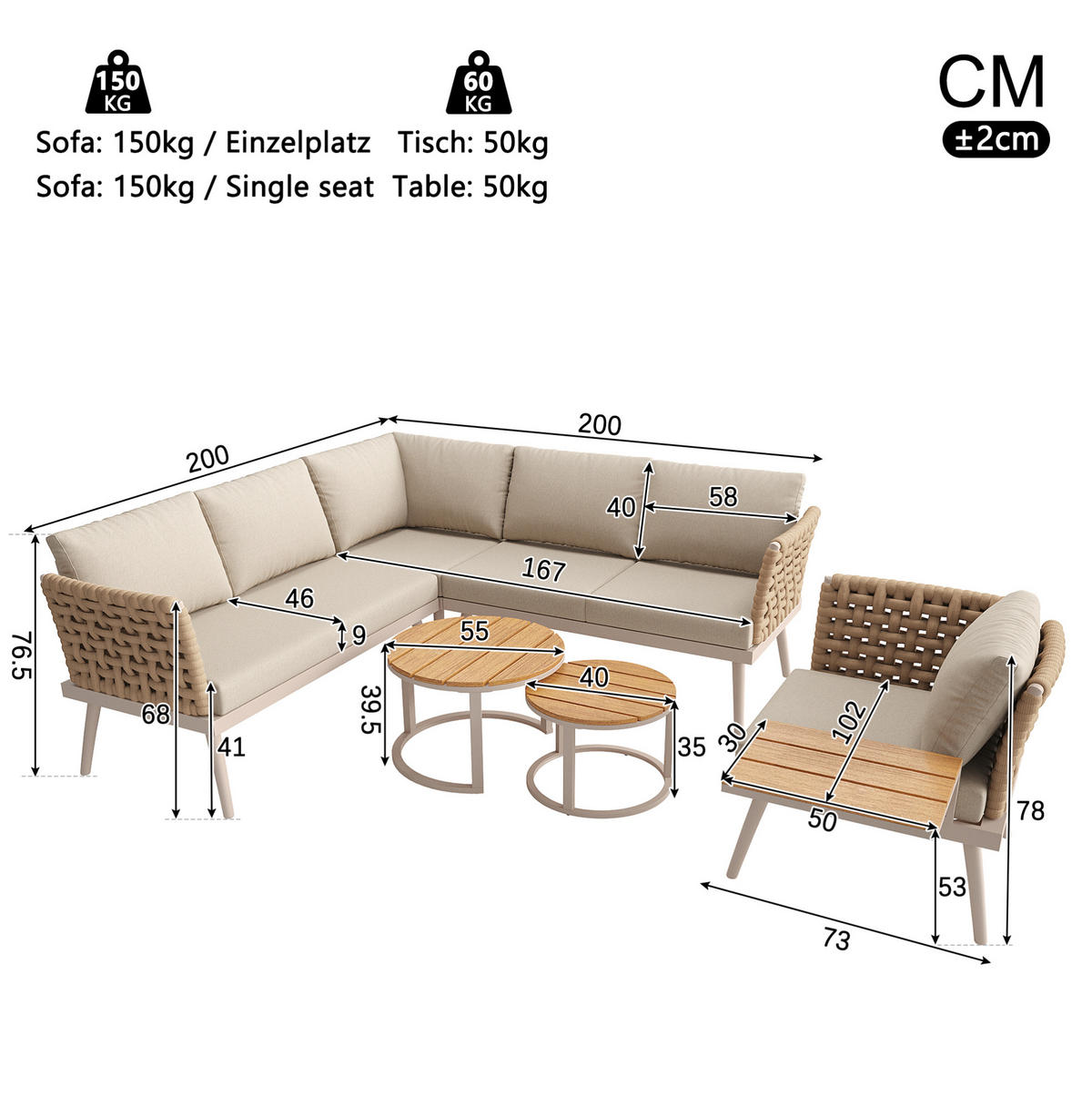 LOUNGEGARNITUR aus Eisen 200x73x76.5cm Beige mit 8 cm Polstern - Beige, Metall - Modfu