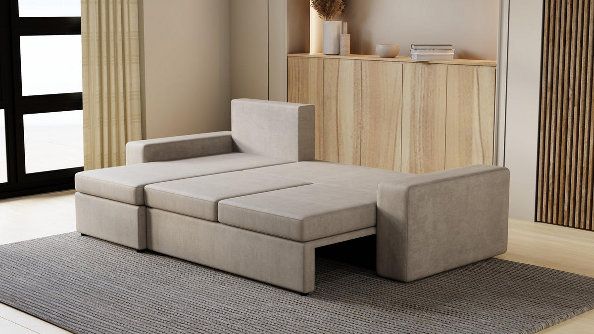 ECKSOFA Paco mit Bettkasten und Schlaffunktion, L-Form/XL-Form, Velourstoff, Universal - Weiß, Holzwerkstoff (246/145cm) - 4ALL HOME