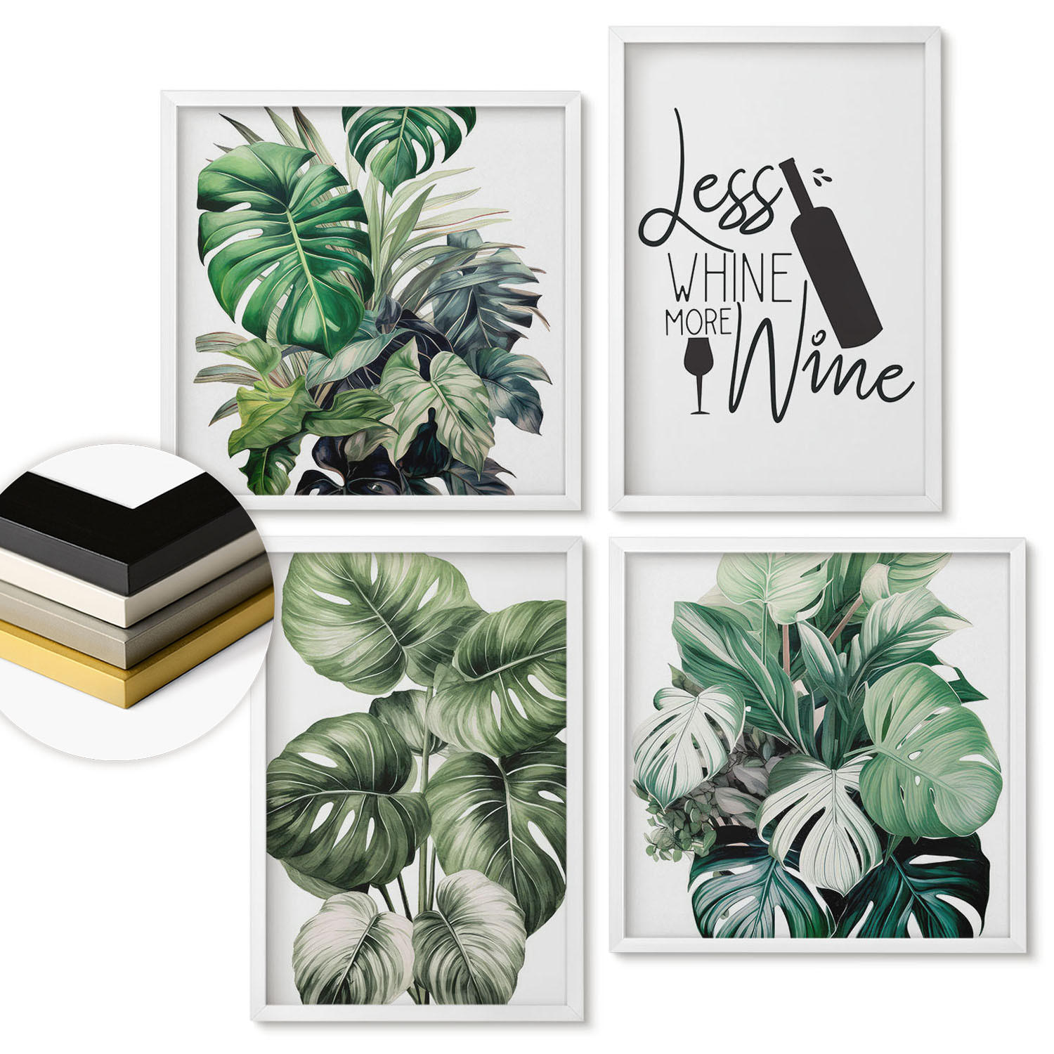 WANDBILDER 4er-Set - 50x50 cm & 40x60 cm Weißer Rahmen - Grüne Weinblätter - Weiß, Kunststoff (50/50cm) - ArtPrintCave