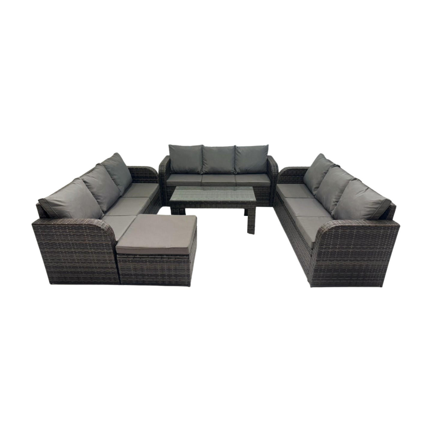 GARTENSOFA SET mit rechteckigem COUCHTISCH Polyrattan 10-Sitzer Dunkelgrau - Dunkelgrau/Grau, Glas/Kunststoff - Fimous