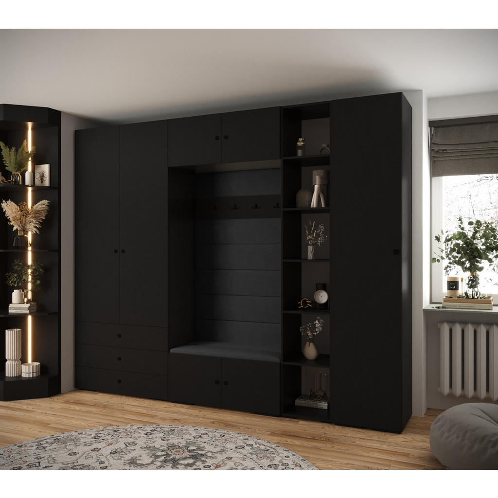 Thumbnail - Abiks Möbel Garderoben-Set, Schwarz, Schwarz, Schwarz, Kunststoff, Nachbildung, 2-Sitzer, 13 Fächer, 290x236.7x47 cm, Ga...