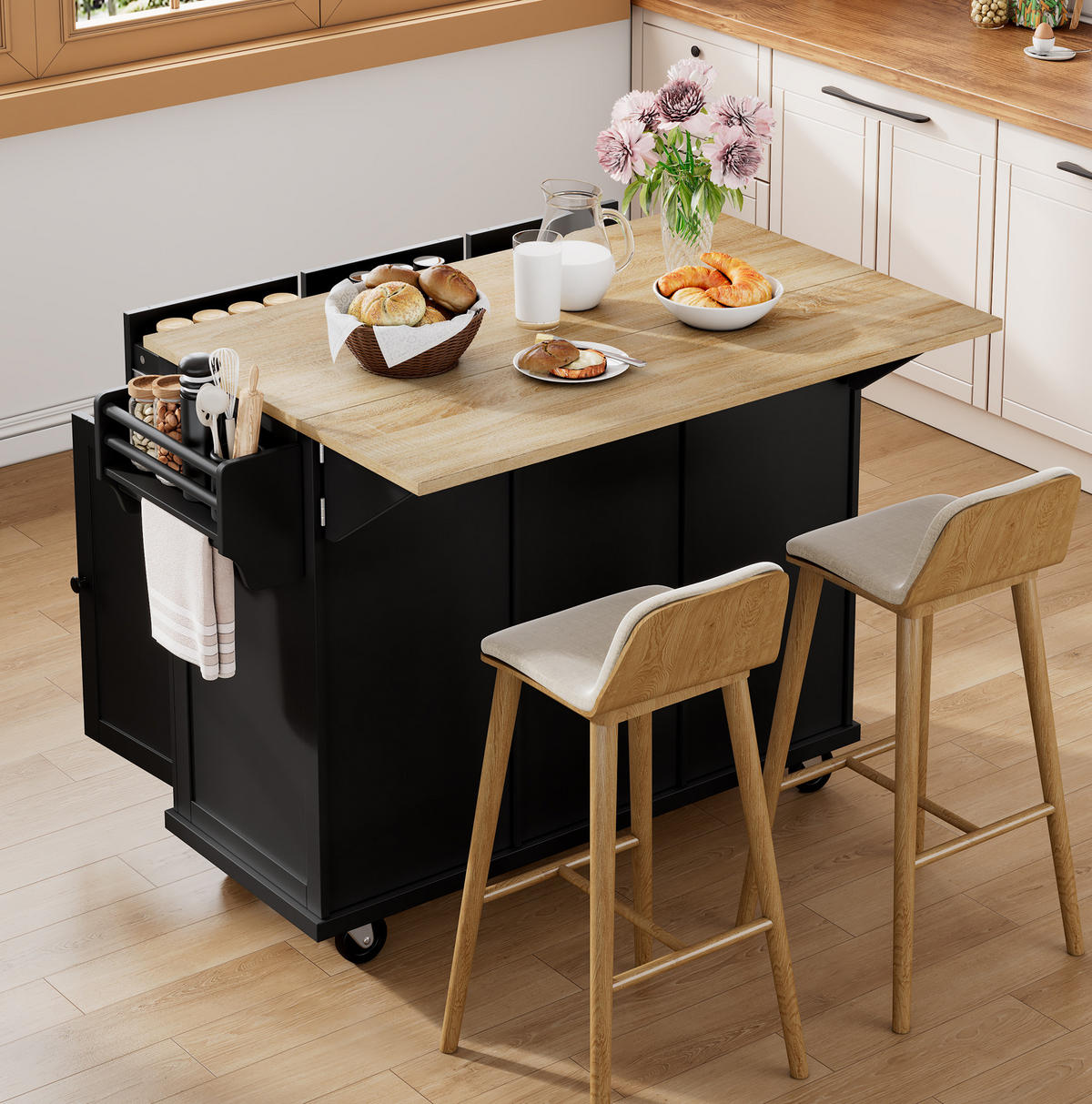 KÜCHENINSEL 112/46,2-76,2/92,7 cm aus MDF mit ausziehbarer Arbeitsplatte, Mülleimerfach und Rollen, Schwarz/Natur - Schwarz, Holzwerkstoff (112/92.7/76.2cm) - Redom