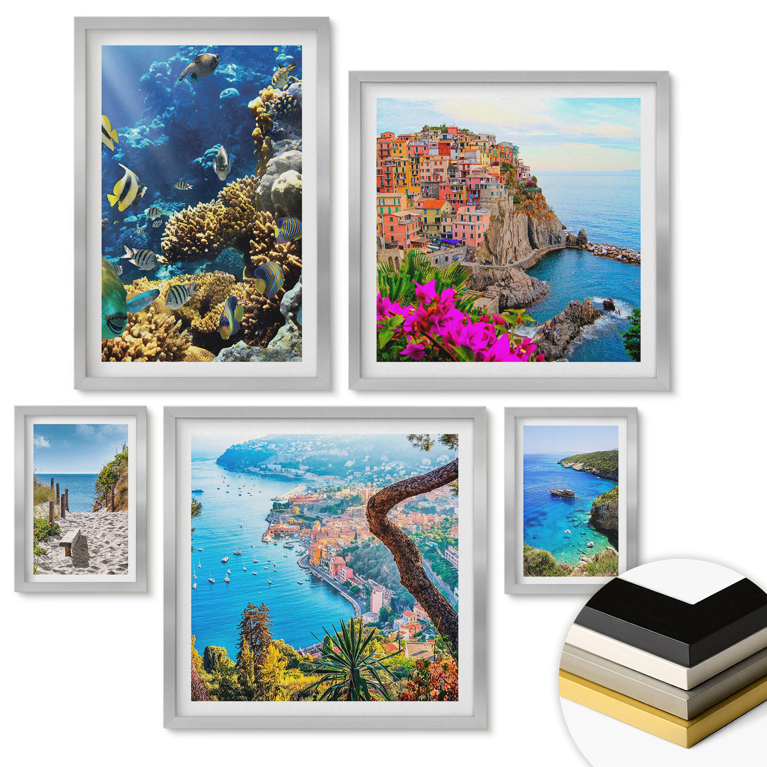 WANDBILDER 5er Set - 50x50 cm & 20x30 cm & 40x60 cm Silberner Rahmen - Berglandschaften im Hintergrund - Silberfarben, Kunststoff (40/60cm) - ArtPrintCave