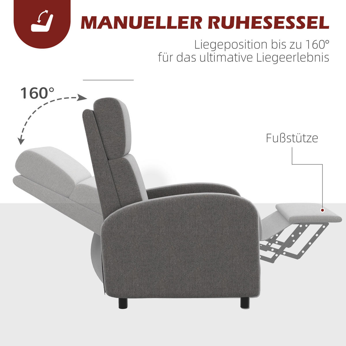 RELAXSESSEL gepolstert Fernsehsessel mit Liegefunktion bis 120 kg Belastbar Grau - Schwarz/Grau, Kunststoff/Textil (86/102/64cm) - HOMCOM