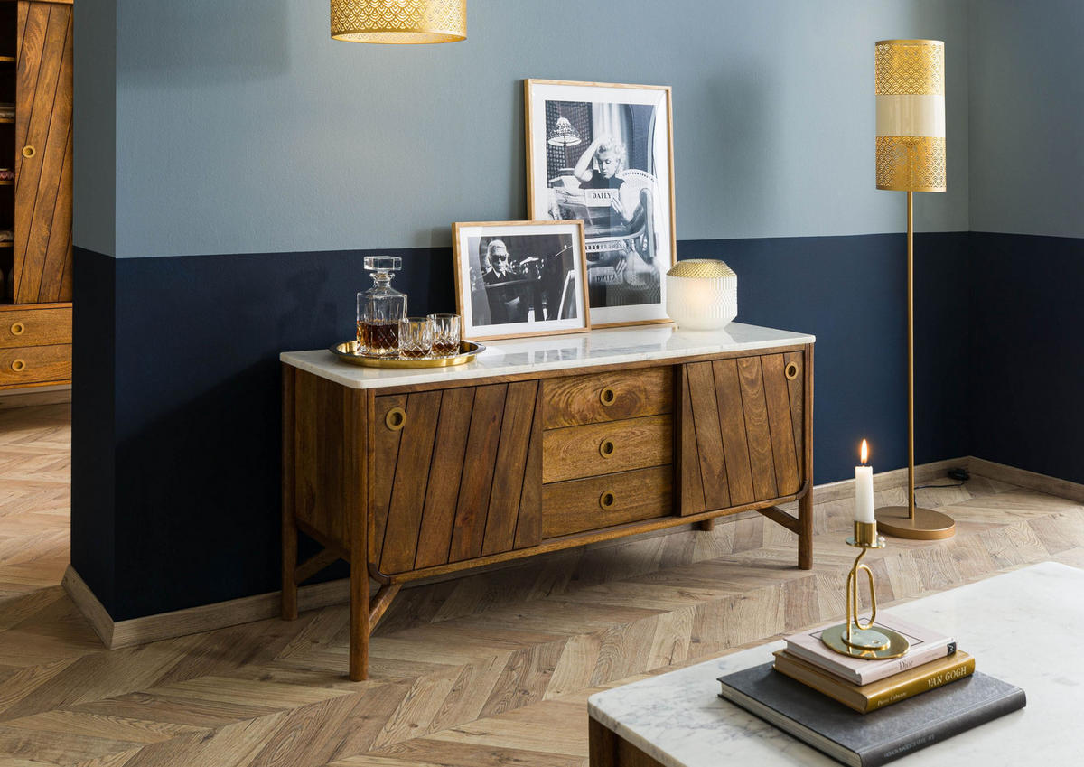 SIDEBOARD Mango 140x45x65 braun geölt / echter Marmor LOS ANGELES #08 - Braun, Holz (140/65/45cm) - Massivmoebel24