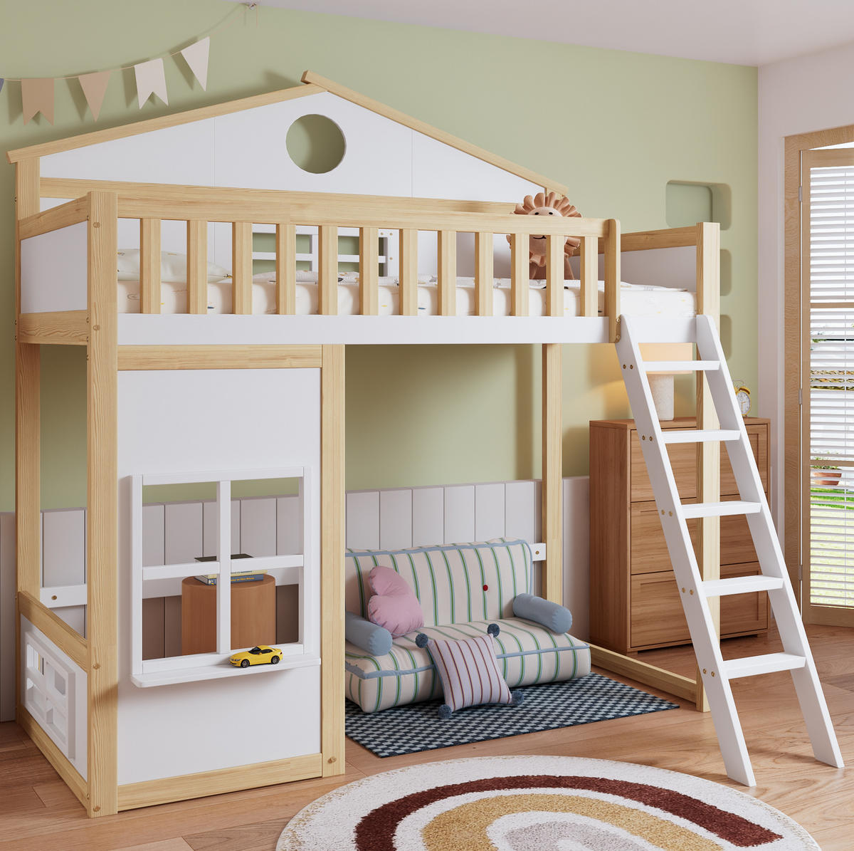 POSCHODOVÁ posteľ 90/200 cm biela/prírodná so schodíkmi, strieškou a okienkami z masívu a MDF - biela, drevo (90/200cm) - OKWISH