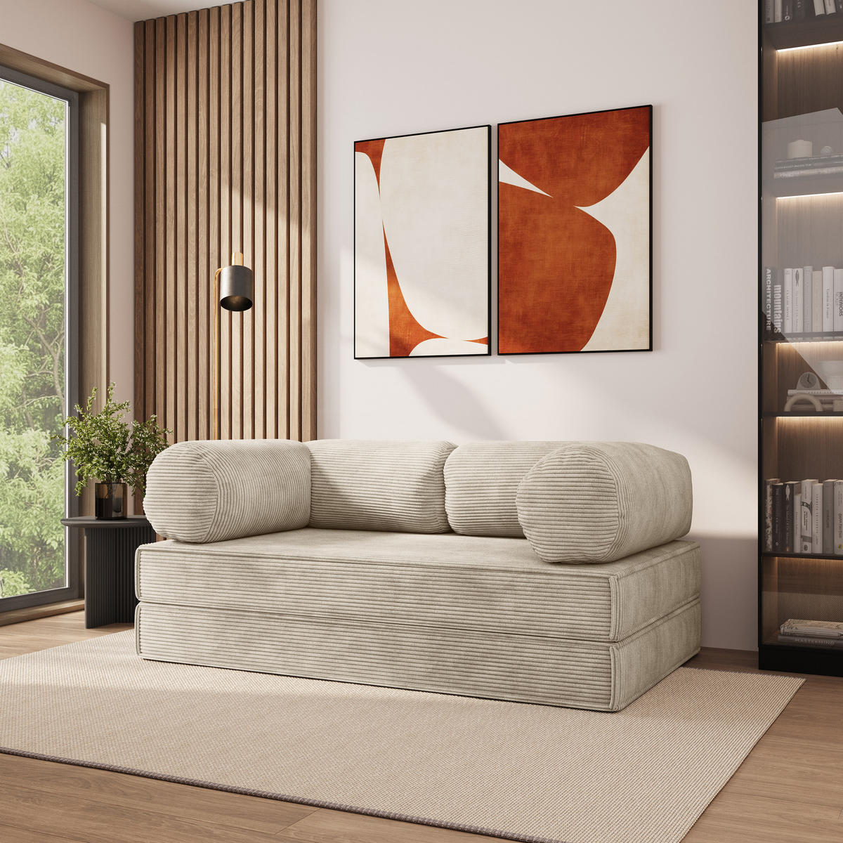 POHOVKA z pěny ALVIO s funkcí spaní Manšestrová látka Krémová - krémová, textil (170/68/80cm) - MASSENO