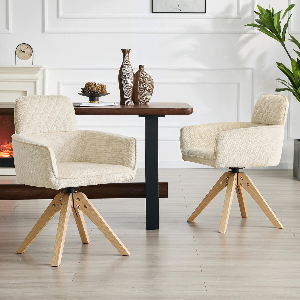 ARMLEHNSTUHL-SET DE-36622 2 Stück mit Stoffbezug und Massivholzbeinen Creme - Creme, Holz (51/85/53cm) - ComfortXL