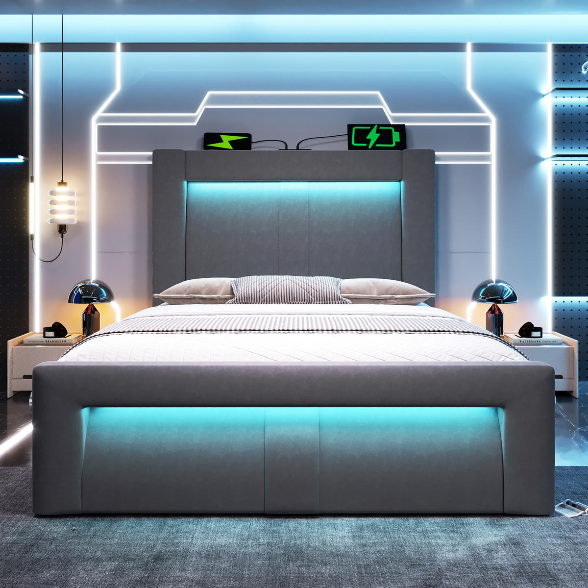 POLSTERBETT 90/200 cm aus Samt mit LED, USB- und Type-C-Anschluss, hydraulischem Stauraum und Matratze, Grau - Grau, Textil (90/200cm) - Redom