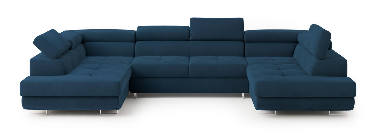 WOHNLANDSCHAFT RAGGIO Blau Velours-Stoff mit Schlaffunktion - Blau, Holz (336/90/202cm) - MASSENO