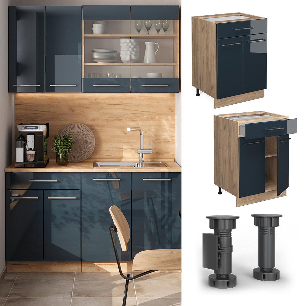 KÜCHENUNTERSCHRANK Fame-Line Dunkelblau Hochglanz 60 cm mit Schublade AP Marmor - Honigeiche/Eiche Wotan, Holzwerkstoff (60/82/60cm) - Vicco
