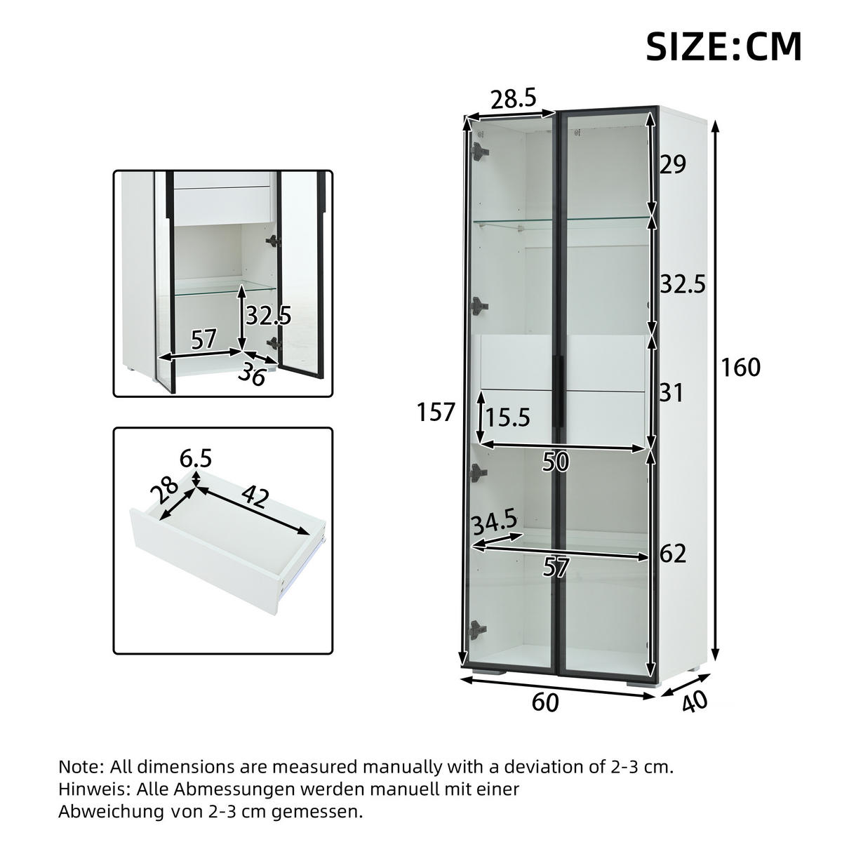 VITRINE LED Gehärtetes Glas 2 Glasböden 2 Schubladen Weiß - Multicolor, Glas (60/160/40cm) - FLIEKS