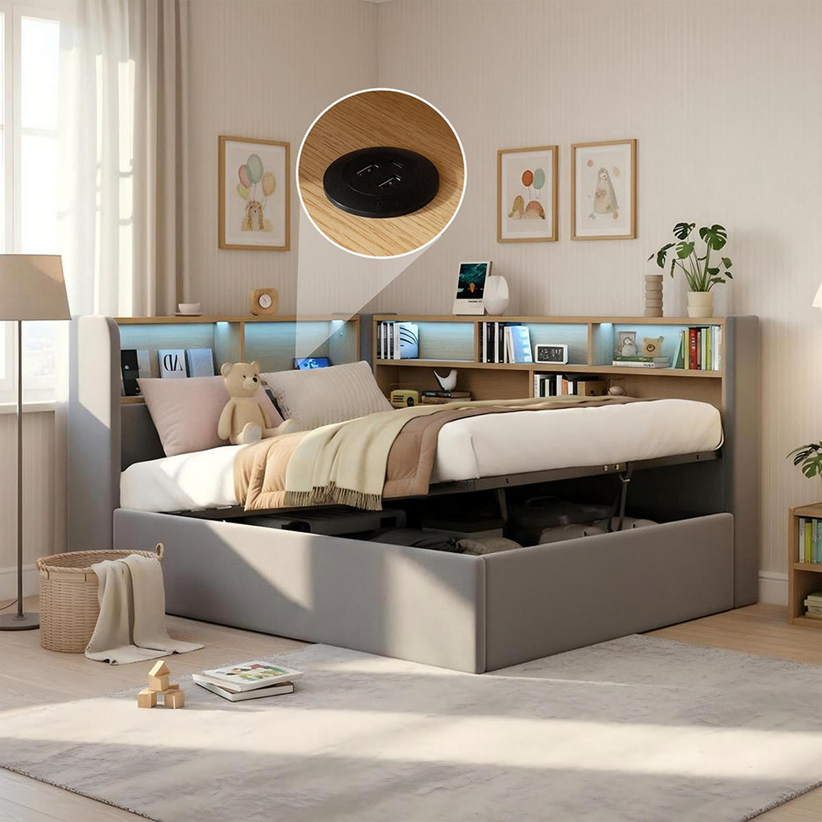 POLSTERBETT 90×200cm mit LED in Grau - Grau, Textil (90/200cm) - KOMHTOM