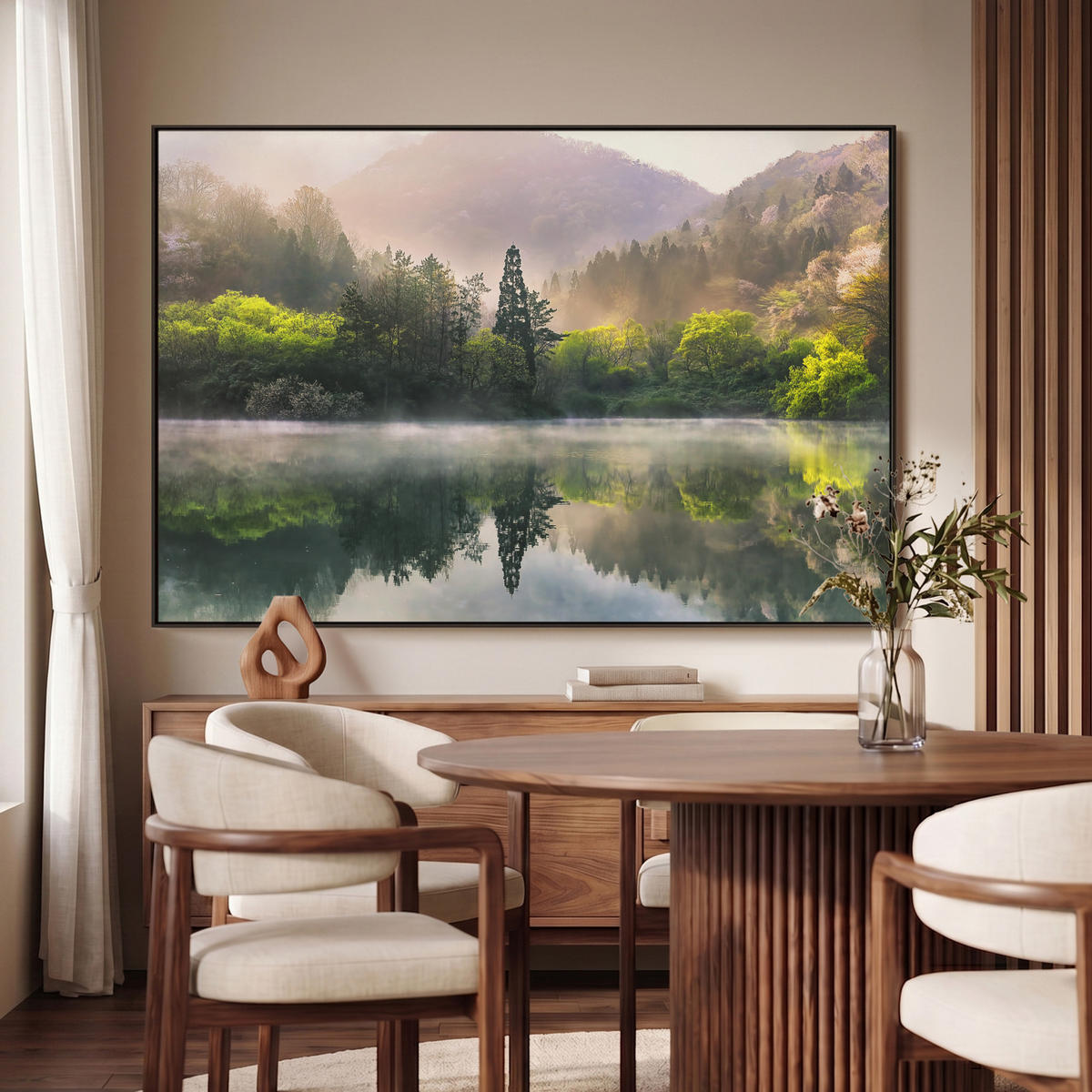 LEINWAND Bilder mit Rahmen - Natur - Bäume - Berge - See - Wasser - 150x100 - Hellgrün, Textil (150/100cm) - MuchoWow
