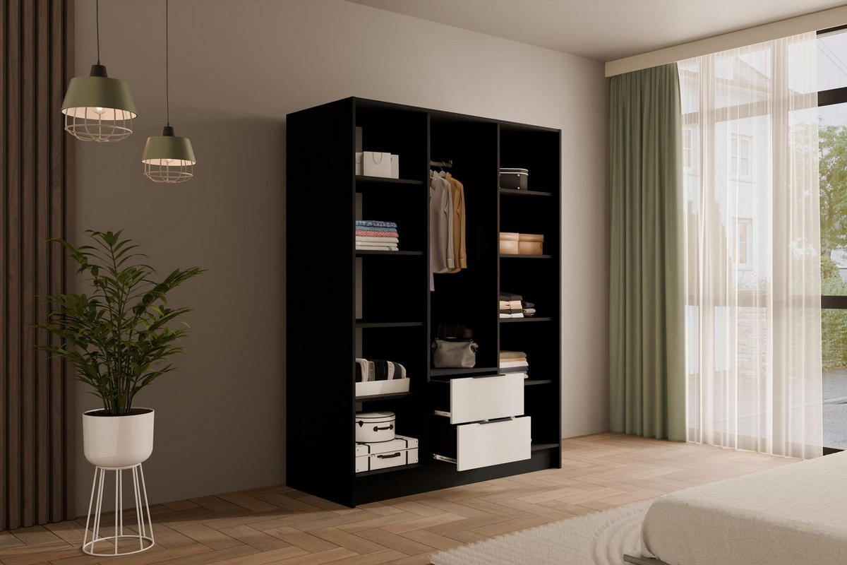 KLEIDERSCHRANK mit Spiegel und Flügeltüren KOLIN 150x200cm Schwarz / Weiß - Schwarz/Weiß, Holzwerkstoff (150/200/51cm) - ALTDECOR