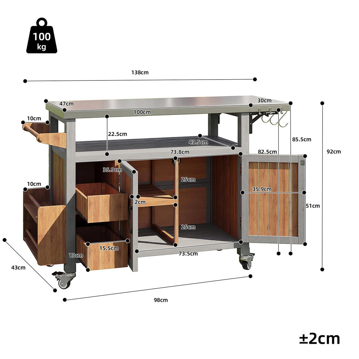 SERVIERWAGEN Massivholz/Edelstahl - Naturfarben, Metall (47/92/138cm) - ComfortXL