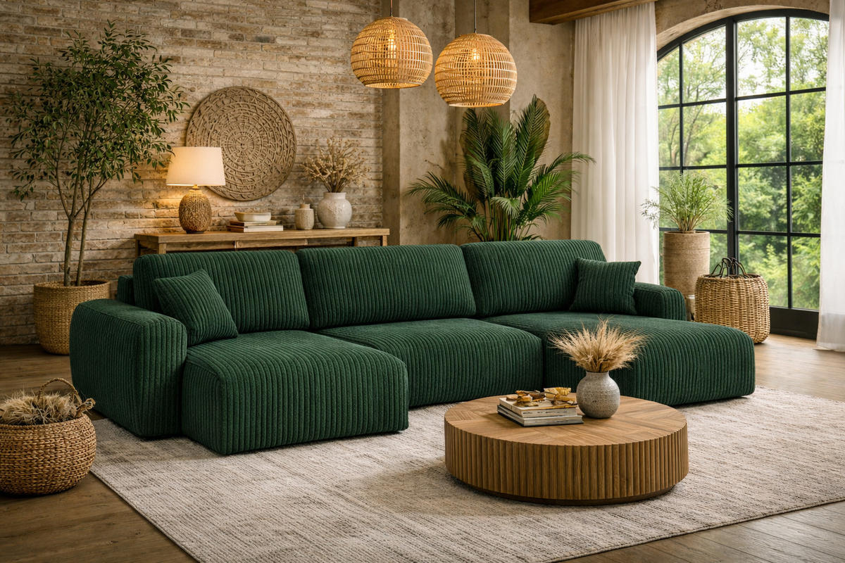 ECKSOFA Mit Schlaffunktion Und Bettkasten U-Form Ariel U, Cordstoff Poso, Grün - Grün, Holz (342/142cm) - Kaiser Möbel