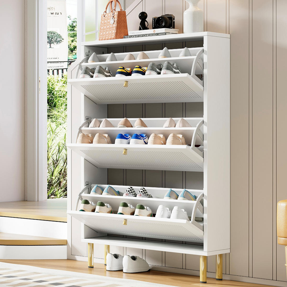 SCHUHSCHRANK Weiß 3 Klappen 6 Fächer schmal 73x23x125cm - Weiß, Holzwerkstoff (25/125/73cm) - FLIEKS