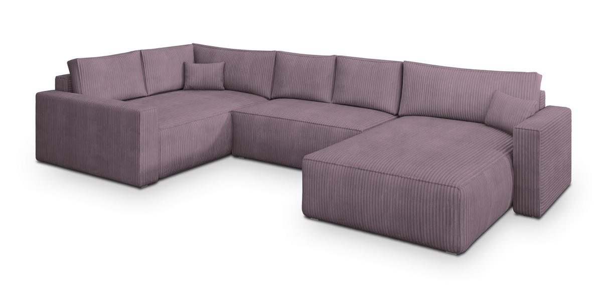 WOHNLANDSCHAFT VELAMI L-S Lila Kordstoff mit Schlaffunktion - Lila, Holz (365/83/194cm) - MASSENO