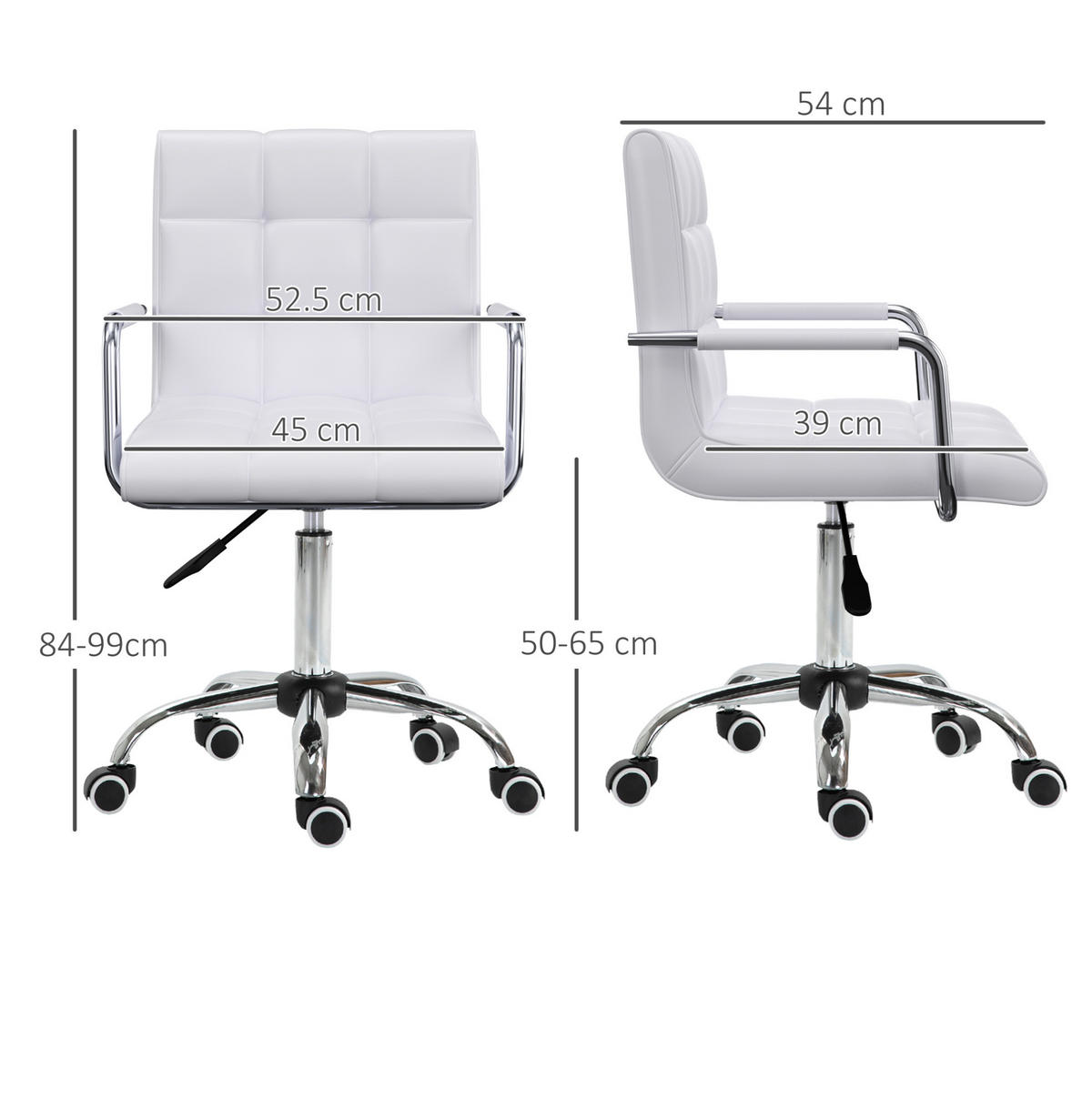 DREHSTUHL, Sitzhöhe 50–65 cm, gepolstert, weißes PVC, minimalistisch-elegantes Design, 52,5/54/84-99 cm, weiß - Weiß, Kunststoff (54/99/52.5cm) - Redom