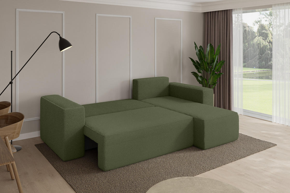ROHOVÁ SEDAČKA s funkcí spaní, otoman vpravo SENO-L 249x139x85 zelená bouclé - černá/zelená barva, kompozitní dřevo/textil (249/139cm) - ALTDECOR