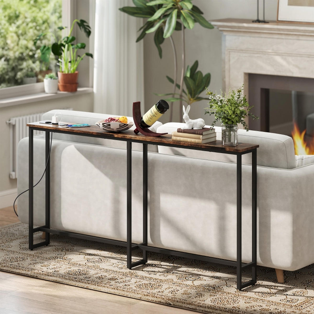 KONSOLENTISCH 160/20/80 cm braun aus Holz mit integrierter Ladestation - Braun, Holz (160/20/80cm) - OKWISH