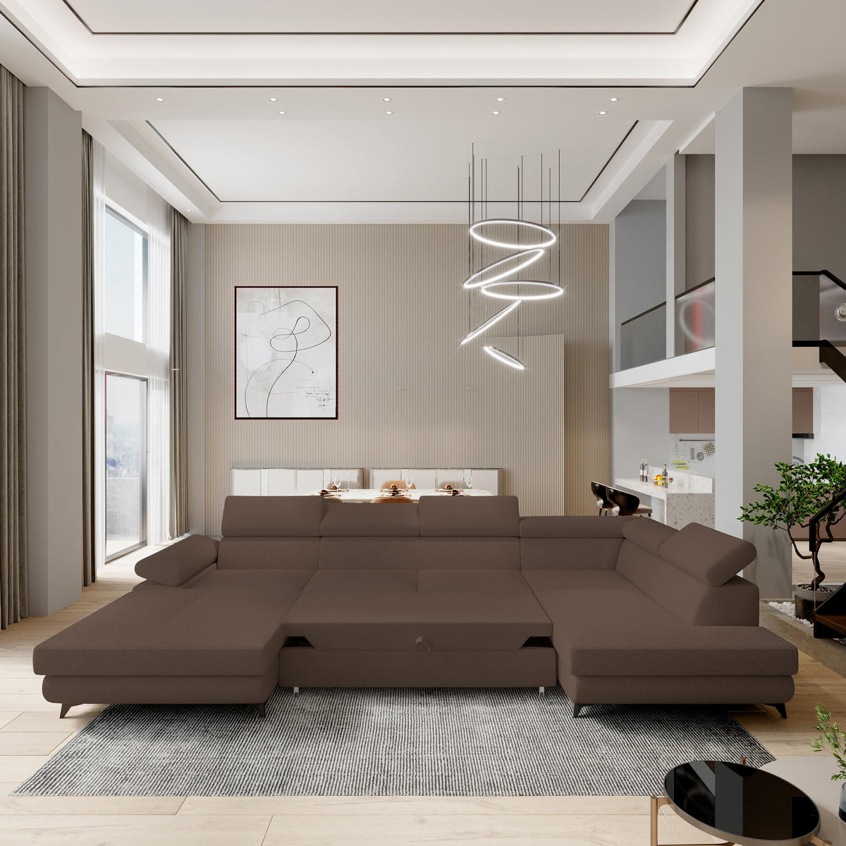 WOHNLANDSCHAFT RUBANO R-S Braun Boucle-Stoff mit Schlaffunktion - Braun, Holz (339/89/190cm) - MASSENO