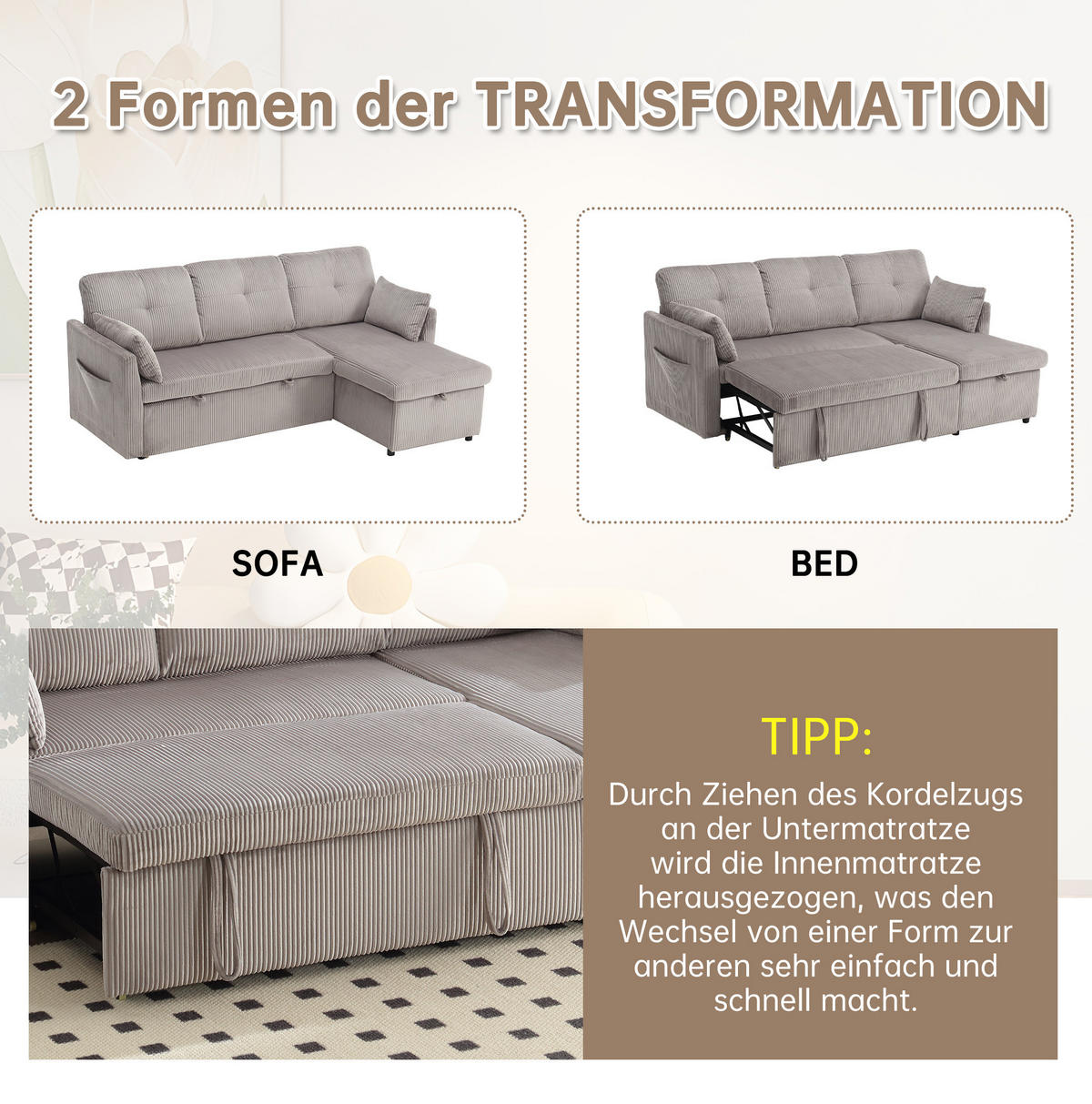 ECKSCHLAFSOFA Cord modular mit Stauraum und Seitenfächern Hellgrau 206/108/66 cm - Hellgrau, Textil (108/206cm) - Redom