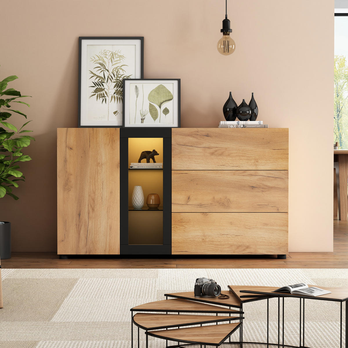 SIDEBOARD mit LED App-Steuerung Vitrine 60.000 Farben 3 Schubladen Glas 120 cm Spanplatte Buffetschrank - Schwarz/Braun, Glas/Holzwerkstoff (140/80/40cm) - EVRYAE