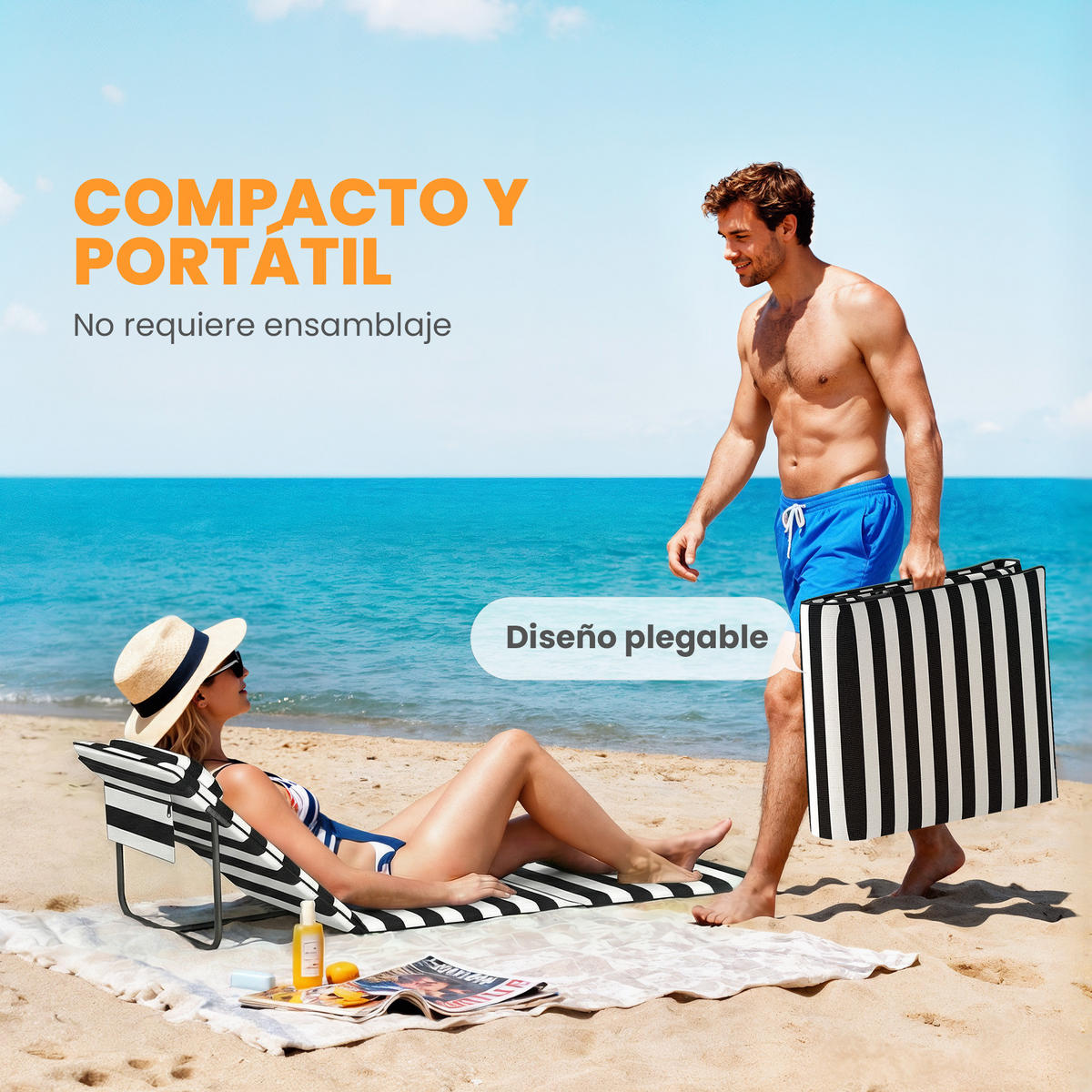 SONNENLIEGE Set mit 2 faltbaren Strandmatten, Grau und Weiß 150 x 50 x 2 cm - Grau, Metall (50/2/150cm) - Vallsero