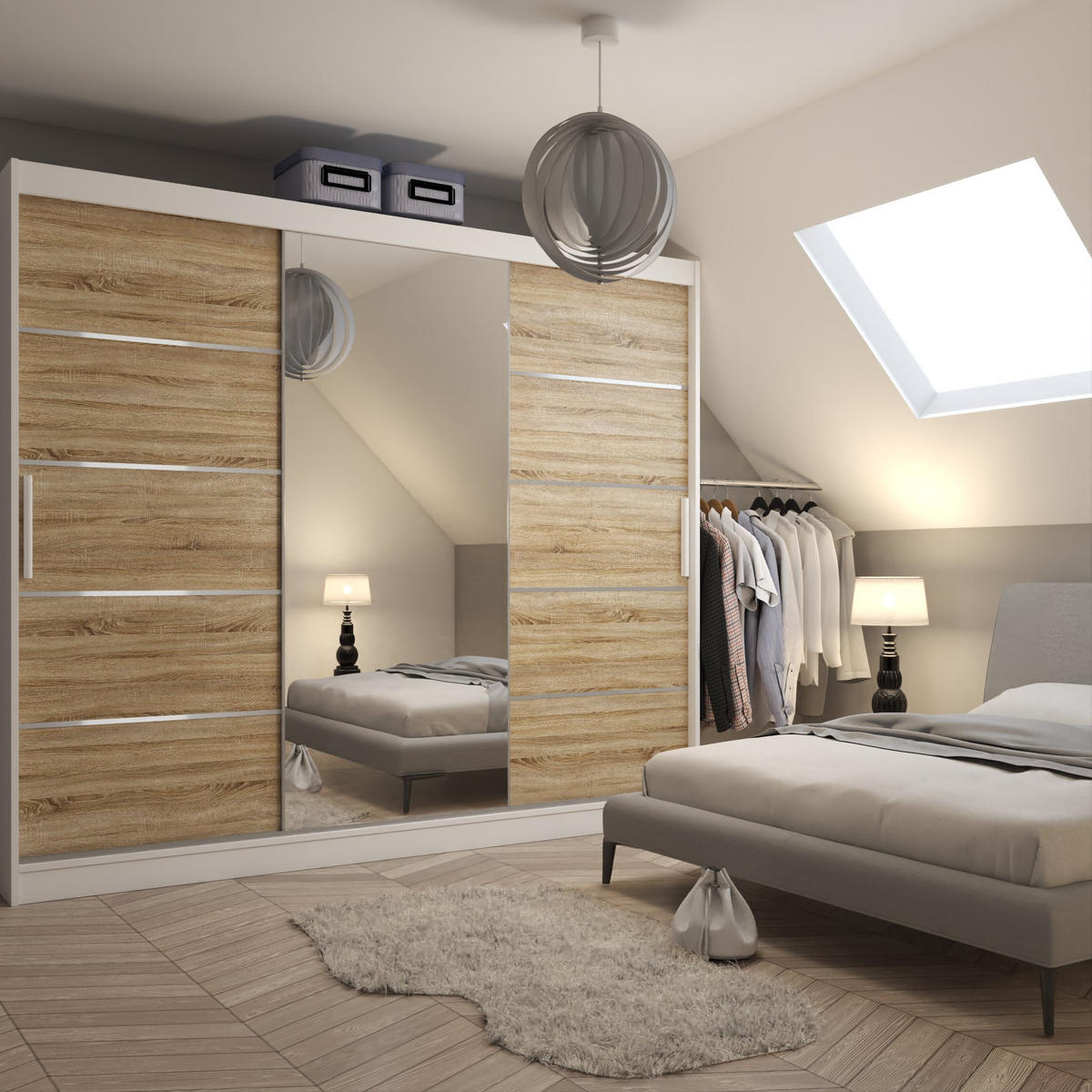 SCHWEBETÜRENSCHRANK Verona MBP, Weiß/Sonoma Eiche Matt, 232 cm, mit Spiegel - Sonoma Eiche, Holz (232/216/60cm) - B BELINI GROUP