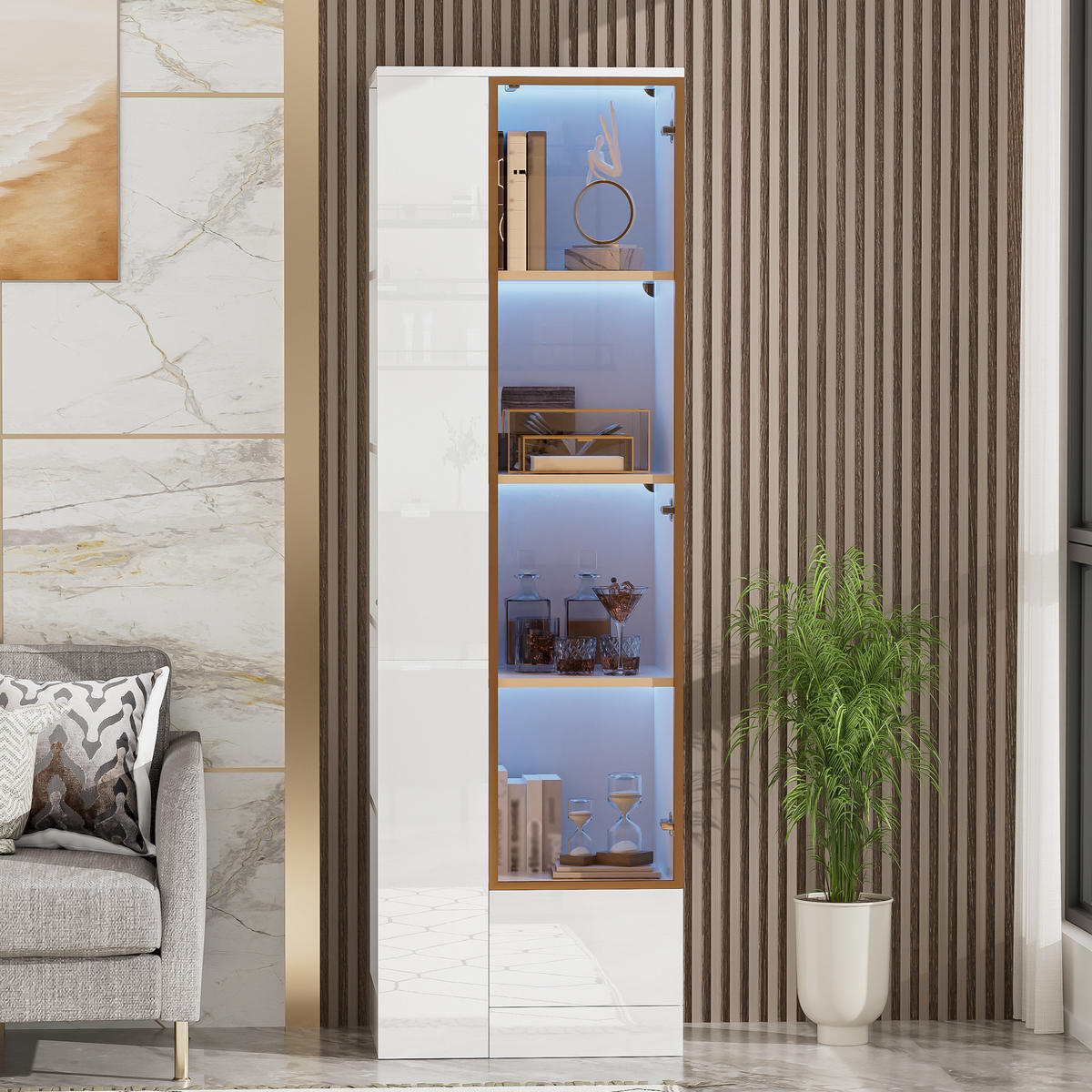 VITRINE 50x35x160 cm Weiß mit LED und Glastür - Weiß, Holzwerkstoff (50/160/35cm) - FLIEKS
