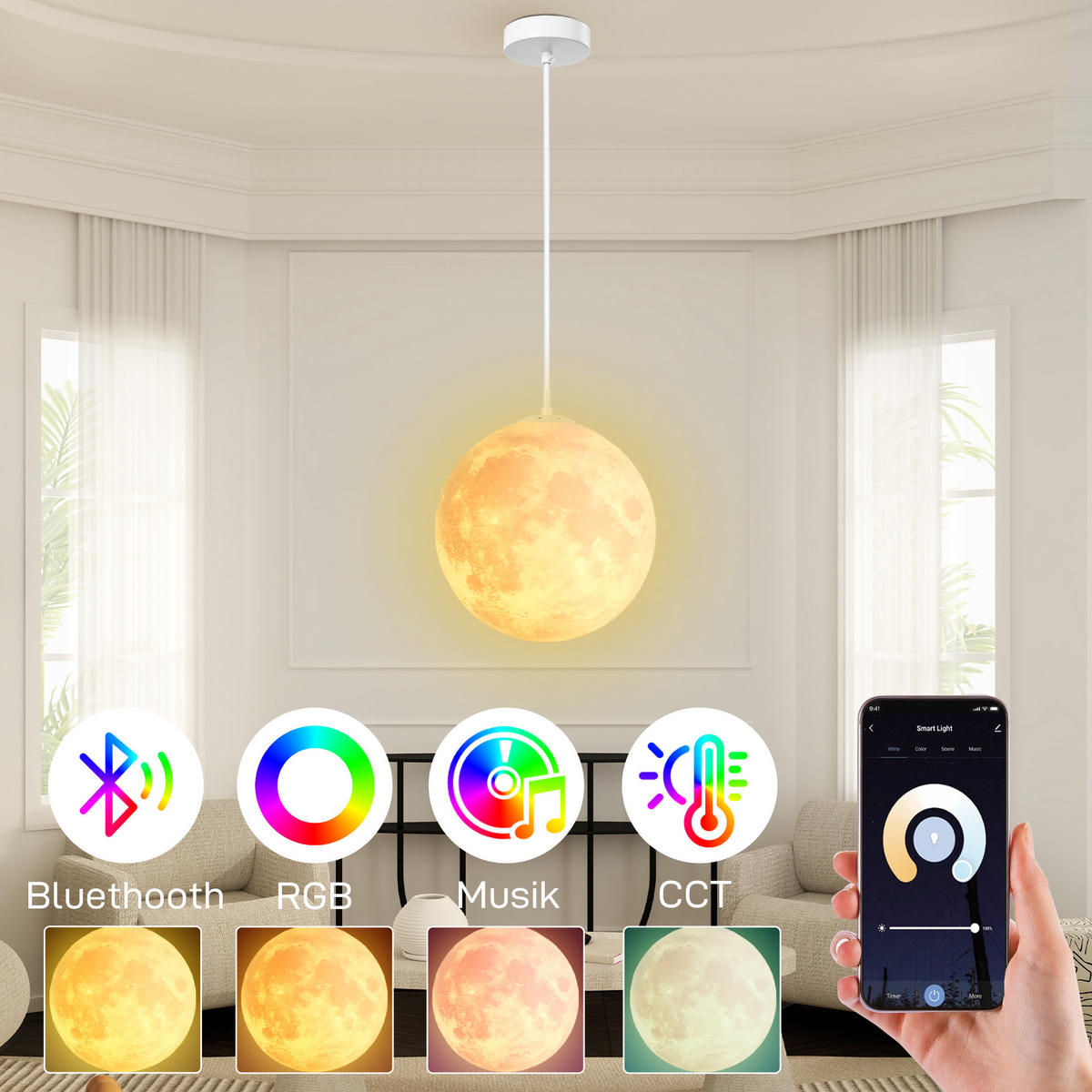 3D Mond Pendelleuchte Hängelampe mit APP-Steuerung, Musik, Cremeweiß - Weiß, Kunststoff (30/30/30cm) - HOMCOM