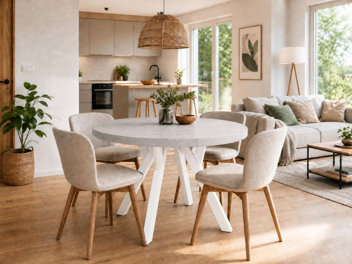 ESSTISCH ausziehbar rund ATO, 100-200 cm, Dekor Beton, weiße Holzbeine - Weiß/Grau, Holzwerkstoff/Buchenholz (100/100/77cm) - VENASI MÖBEL