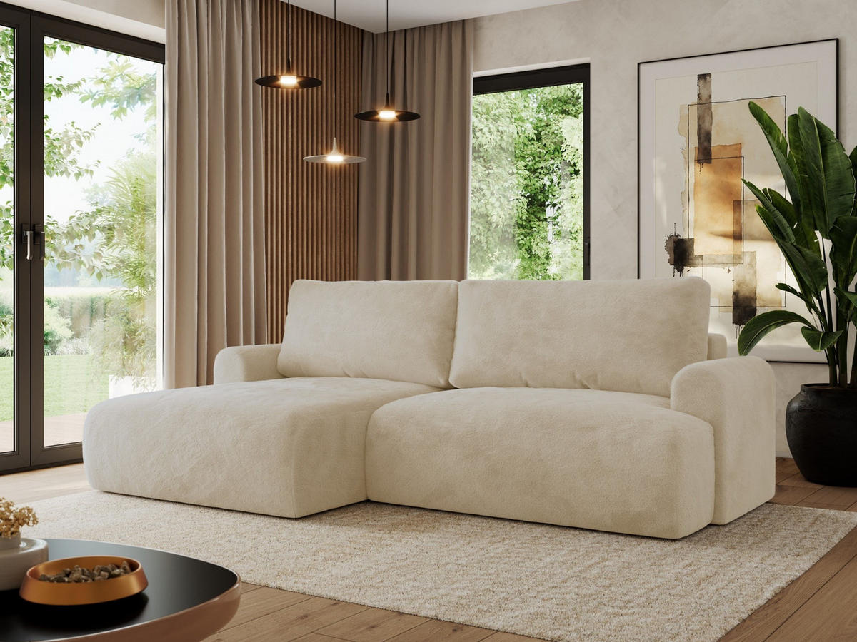 ECKSCHLAFSOFA TONO L Creme Plüsch - links - Creme/Schwarz, Kunststoff/Textil (260/150cm) - MKS