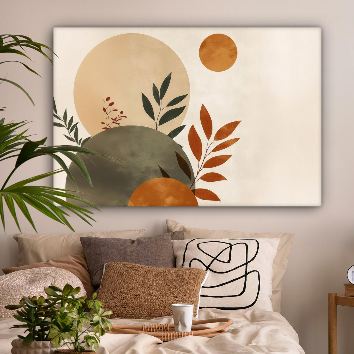 LEINWANDBILD Formen - Rund - Blätter - Beige Wohnzimmer Groß 120x80 cm - Rostfarben, Textil (120/80cm) - MuchoWow