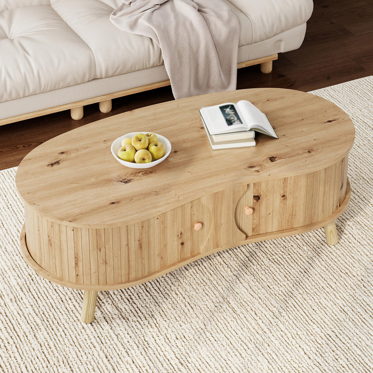 COUCHTISCH organisch Rillenoptik 2 Schiebetüren - Naturfarben, Holz (50/108/37cm) - LEBENLANG