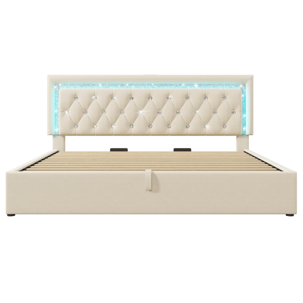 SAMT-POLSTERBETT 180/200 cm mit LED-Beleuchtung, Bettkasten und USB-C - Beige, Textil (180/200cm) - BEAOK