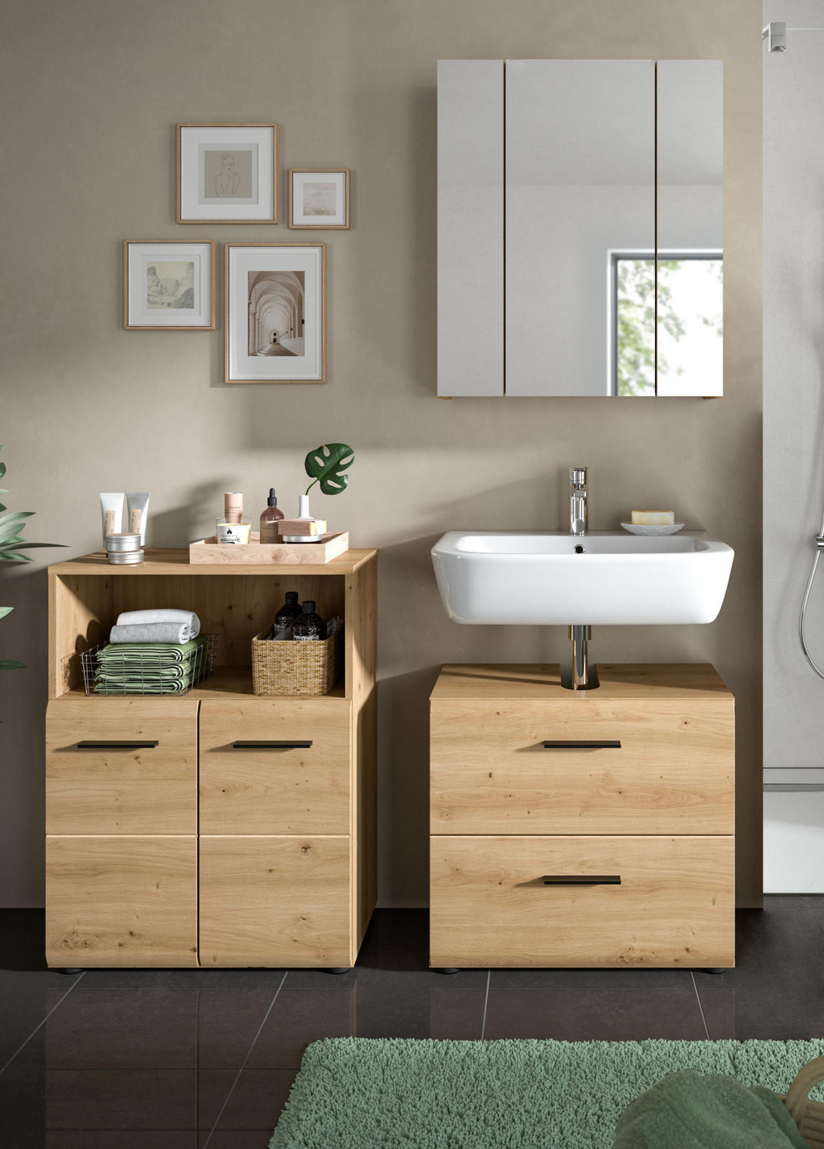 BADMÖBEL-SET 3-teilig in Eiche Artisan, Badkombination modern mit Vollauszug Schubkästen, Breite 135 cm - Schwarz/Eiche Artisan, Glas/Holzwerkstoff (135/185/30cm) - Inn.Furn