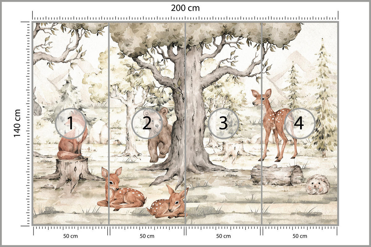 FOTOTAPETE für Kinderzimmer Waldtiere Aquarell Bär Fuchs Reh Bäume 200x140 - Beige/Orange, Papier (200/140cm) - Muralo